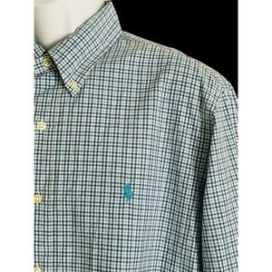 Ralph Lauren Mens‎ Shirt Button White Check Blue Teal Pony L
